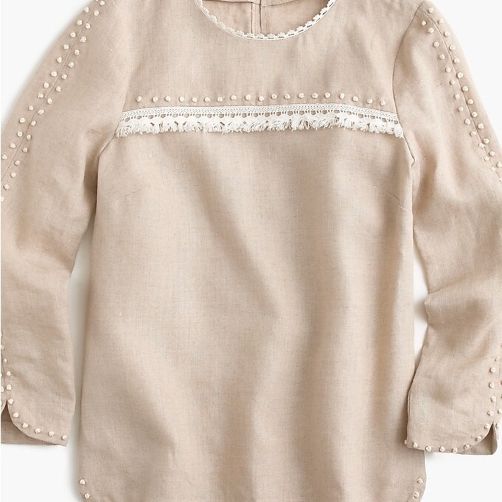 100% Linen J. Crew Tan and White Lace-Trimmed Blouse